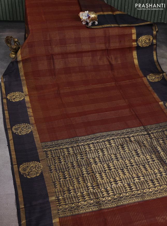 Pure dupion silk saree brown and black with allover zari woven checked pattern and paisley zari woven border