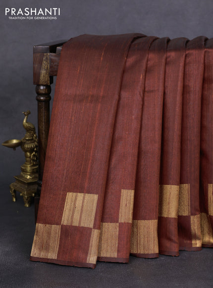 Pure dupion silk saree dark mustard with plain body and zari woven border