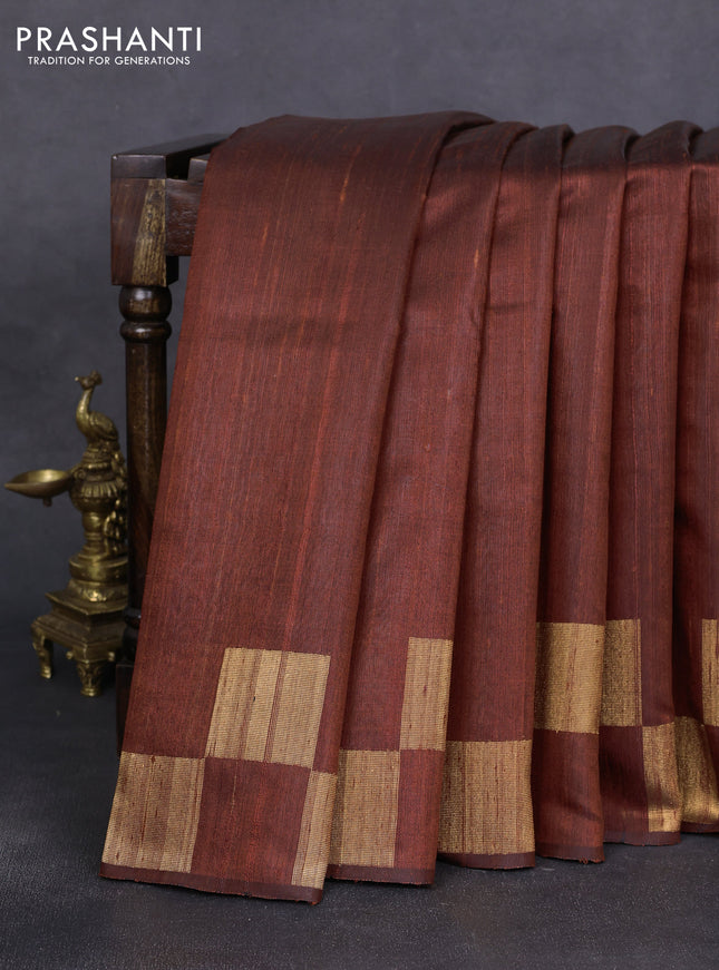 Pure dupion silk saree dark mustard with plain body and zari woven border