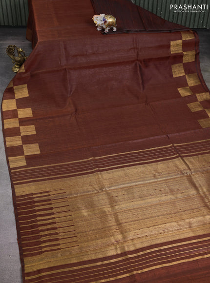 Pure dupion silk saree dark mustard with plain body and zari woven border