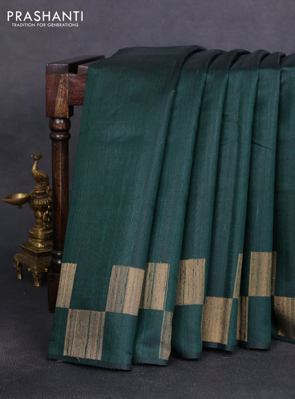 Pure dupion silk saree bottle green with plain body and zari woven border