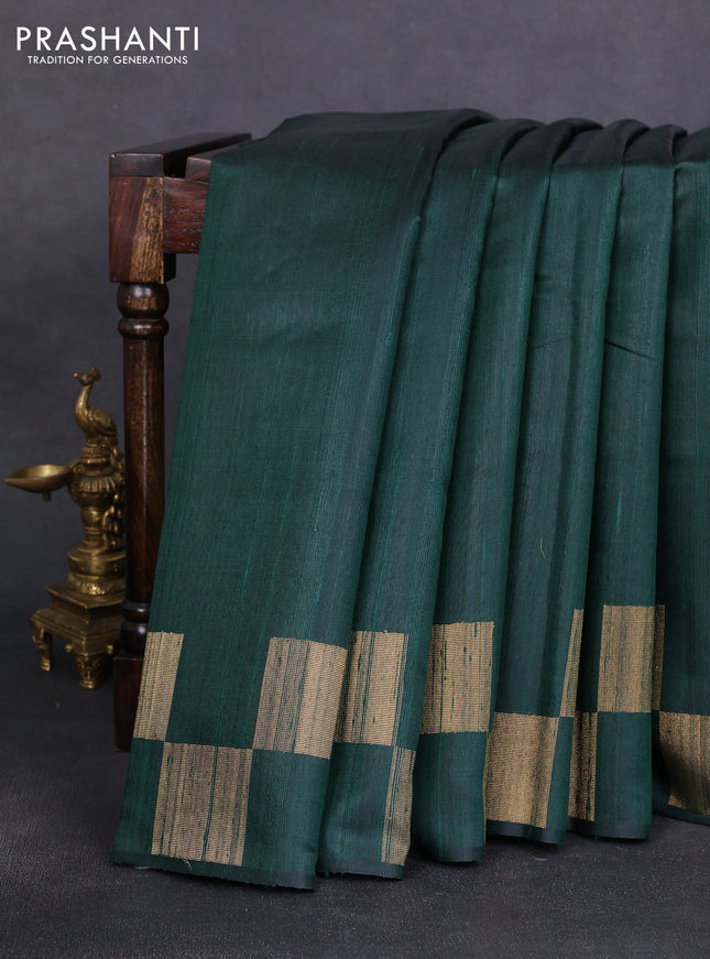 Pure dupion silk saree bottle green with plain body and zari woven border