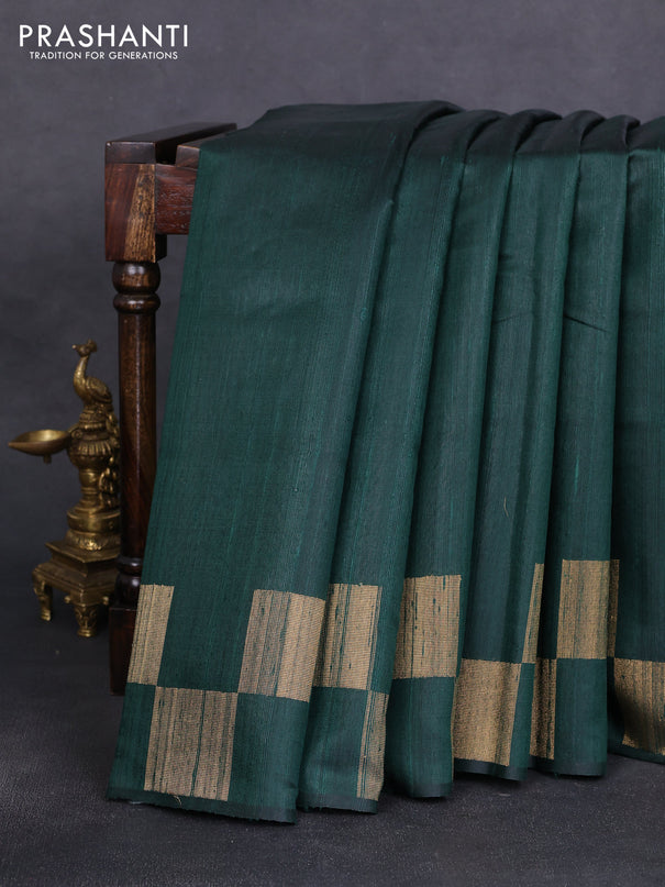 Pure dupion silk saree bottle green with plain body and zari woven border