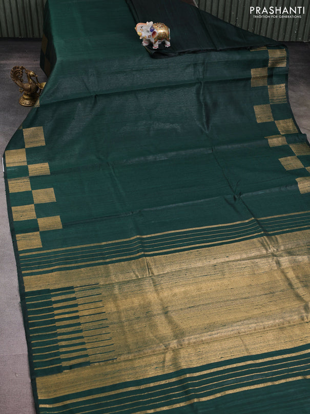 Pure dupion silk saree bottle green with plain body and zari woven border