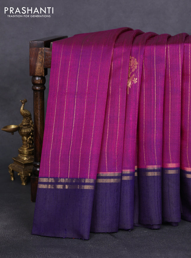 Pure dupion silk saree pink and navy blue with floral zari woven buttas and zari woven simple border