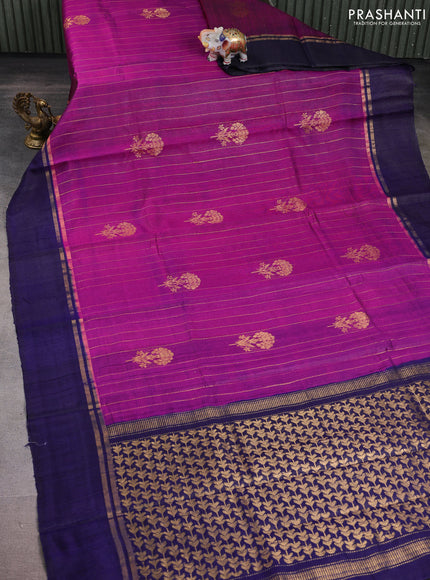 Pure dupion silk saree pink and navy blue with floral zari woven buttas and zari woven simple border
