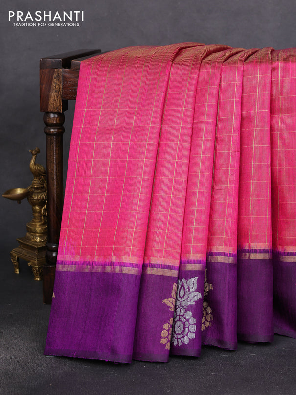 Pure dupion silk saree pink and purple with allover zari woven checked pattern and silver & gold zari woven butta border