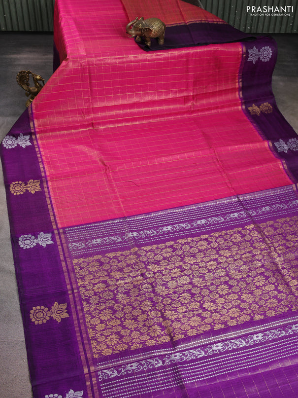 Pure dupion silk saree pink and purple with allover zari woven checked pattern and silver & gold zari woven butta border