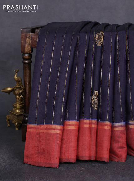 Pure dupion silk saree navy blue and maroon with zari woven buttas and zari woven simple border