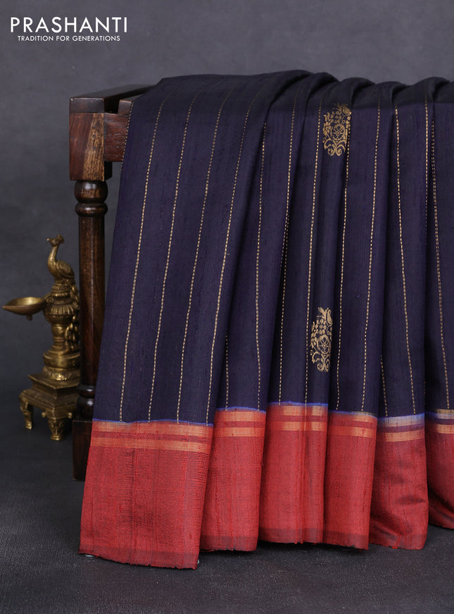 Pure dupion silk saree navy blue and maroon with zari woven buttas and zari woven simple border