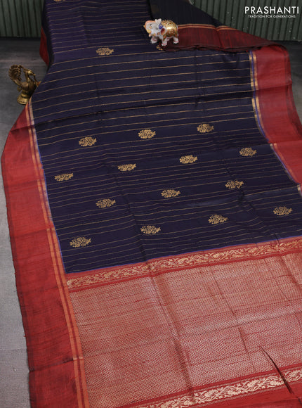 Pure dupion silk saree navy blue and maroon with zari woven buttas and zari woven simple border