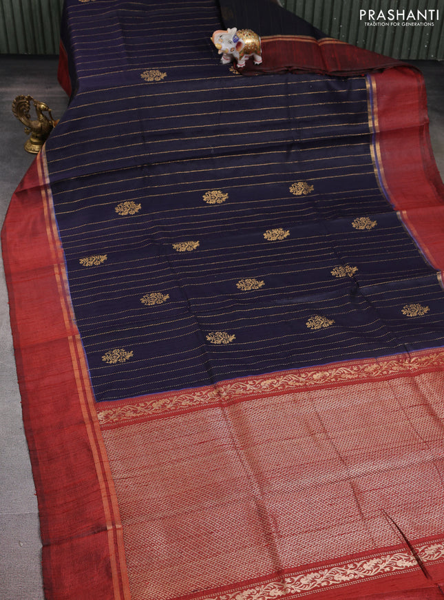 Pure dupion silk saree navy blue and maroon with zari woven buttas and zari woven simple border