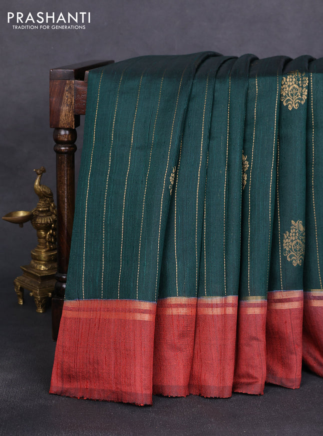 Pure dupion silk saree bottle green and maroon with zari woven buttas and zari woven simple border