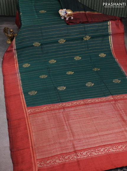 Pure dupion silk saree bottle green and maroon with zari woven buttas and zari woven simple border