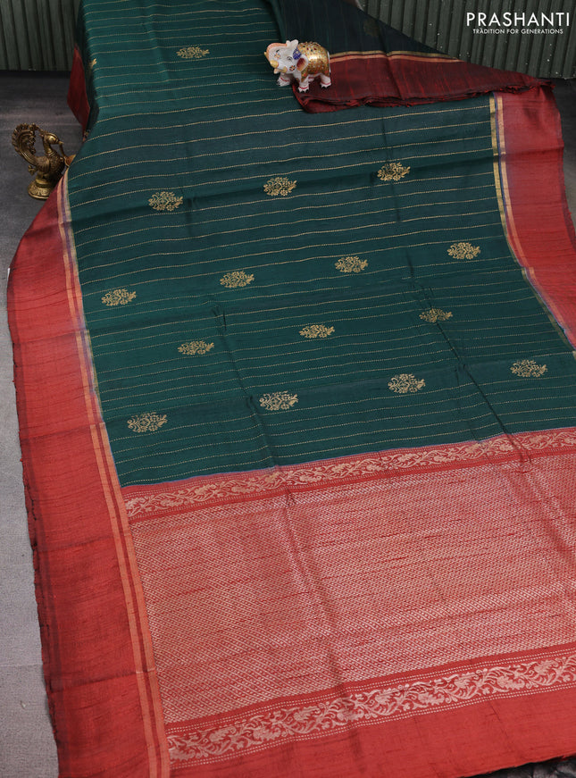 Pure dupion silk saree bottle green and maroon with zari woven buttas and zari woven simple border