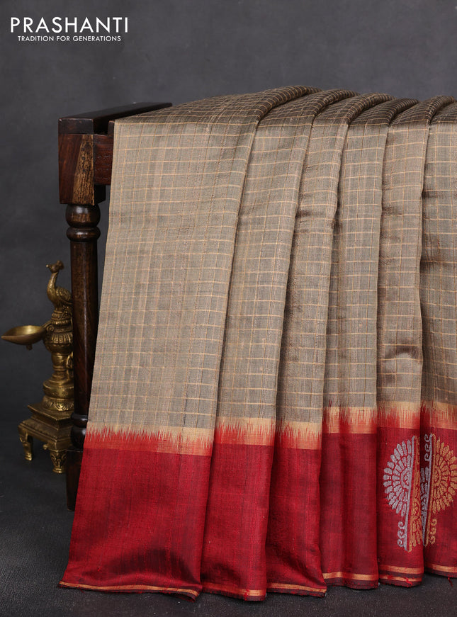 Pure dupion silk saree beige and maroon with allover zari woven checked pattern and silver & gold zari woven butta border