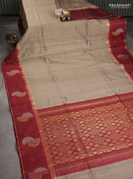 Pure dupion silk saree beige and maroon with allover zari woven checked pattern and silver & gold zari woven butta border