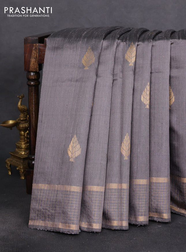 Pure dupion silk saree grey with zari woven buttas and zari woven checked border
