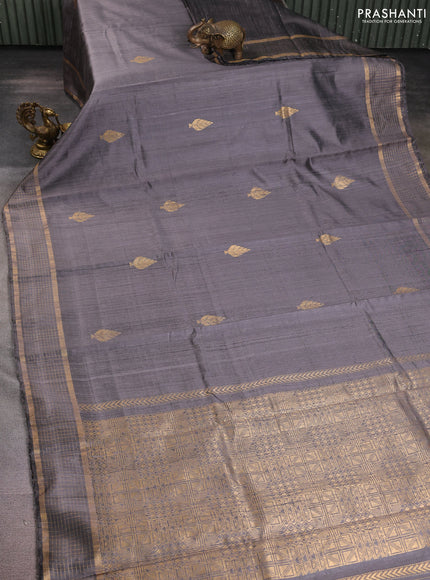 Pure dupion silk saree grey with zari woven buttas and zari woven checked border