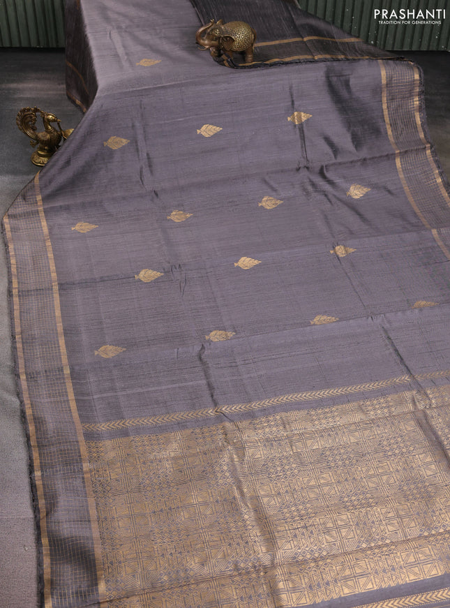 Pure dupion silk saree grey with zari woven buttas and zari woven checked border