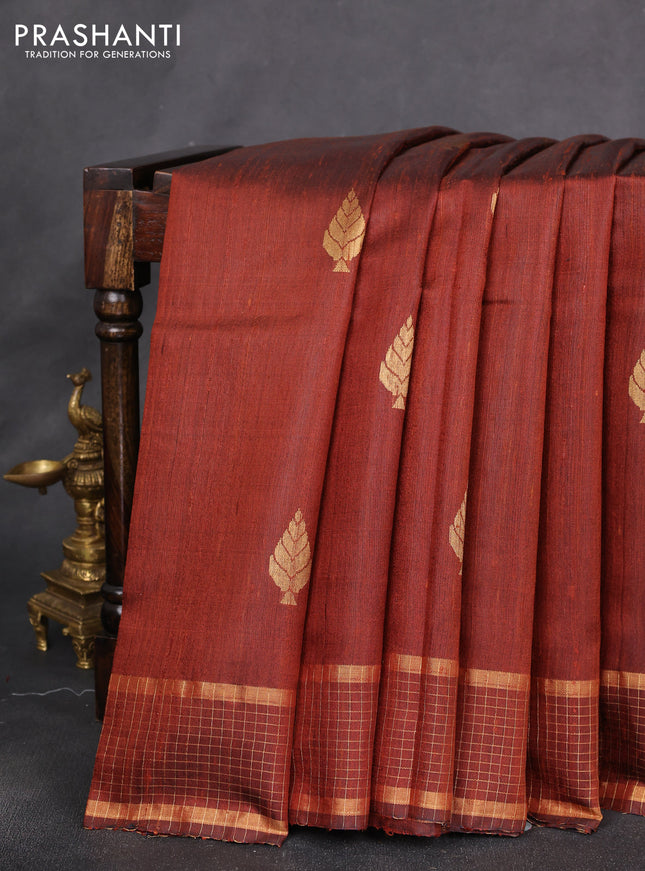Pure dupion silk saree brown with zari woven buttas and zari woven border