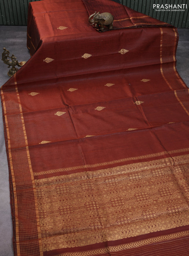 Pure dupion silk saree brown with zari woven buttas and zari woven border