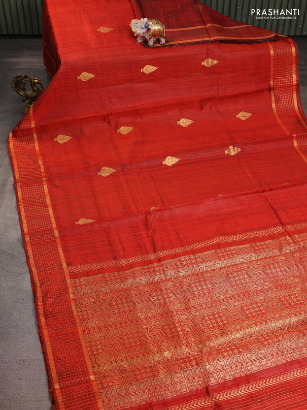 Pure dupion silk saree orange with zari woven buttas and zari woven border