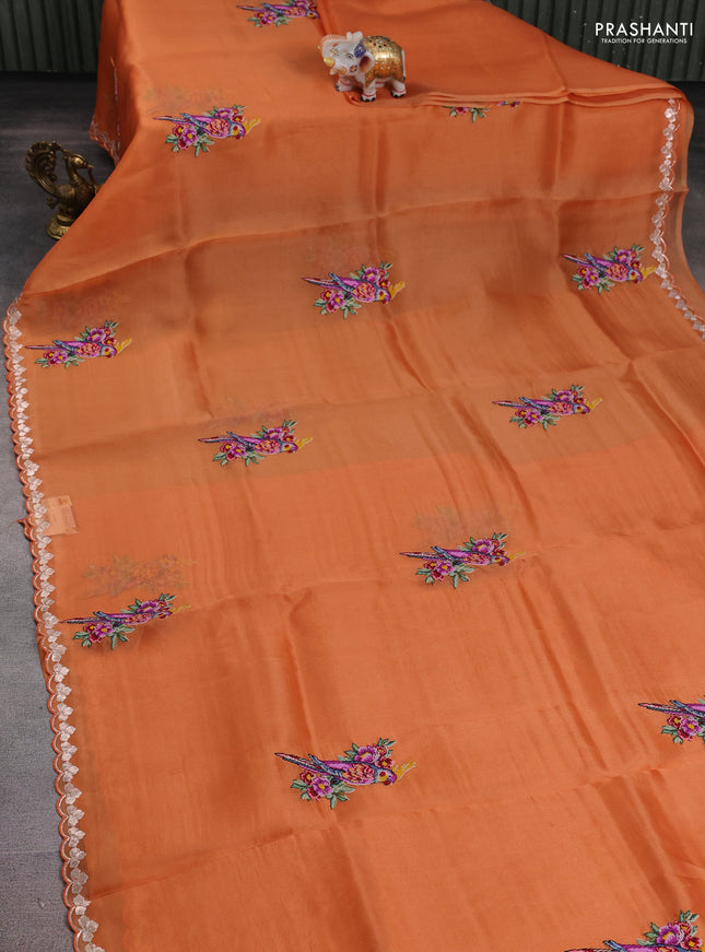 Pure organza silk saree orange with convent embroidery and embroidered border