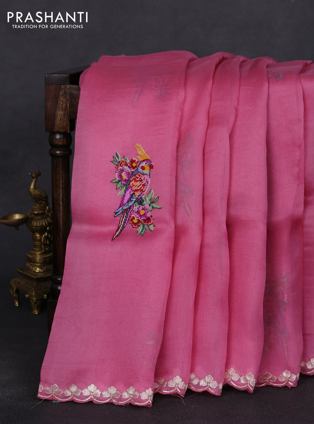 Pure organza silk saree pink with convent embroidery and embroidered border