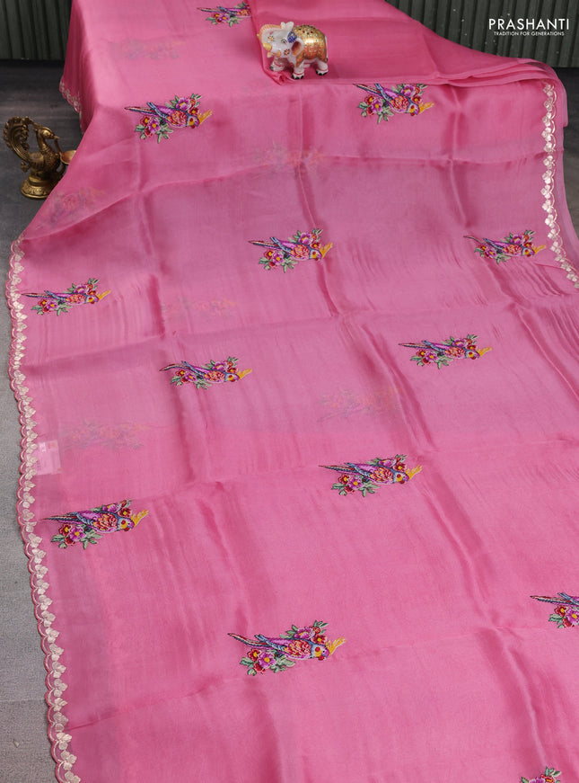 Pure organza silk saree pink with convent embroidery and embroidered border
