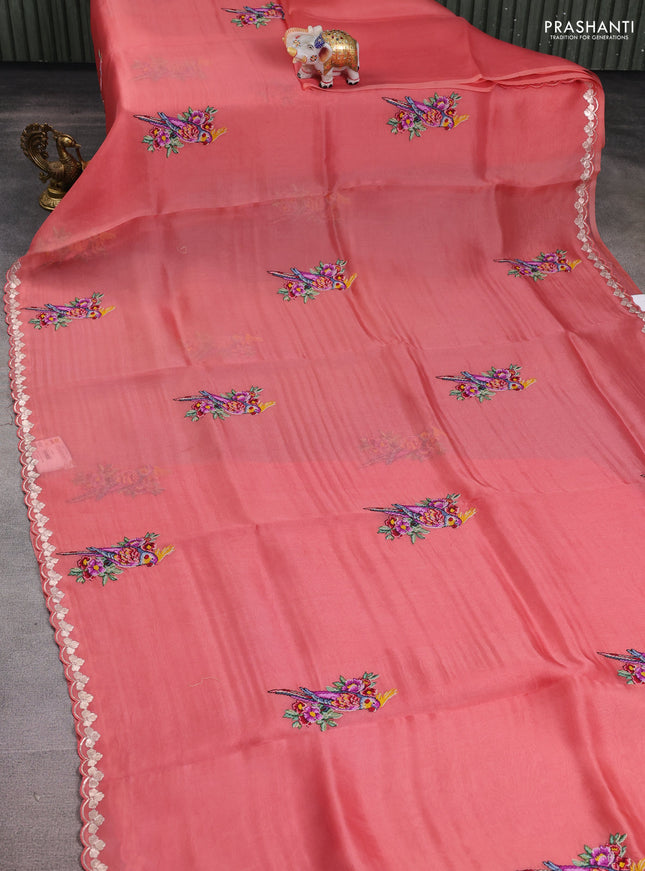 Pure organza silk saree dark peach with convent embroidery and embroidered border