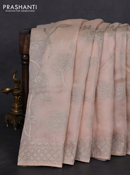 Pure organza silk saree sandal with allover embroidery work and embroidered border