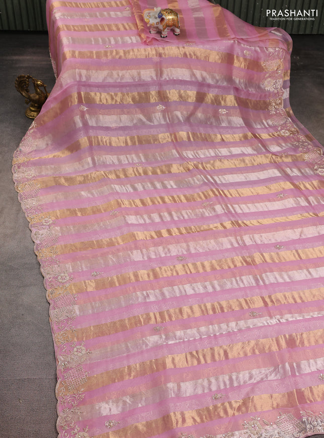 Pure organza silk saree light pink with allover zari stripe pattern & zardosi work and embroidery zardosi border