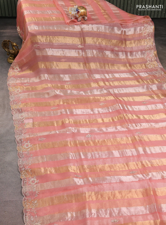 Pure organza silk saree peach shade with allover zari stripe pattern & zardosi work and embroidery zardosi border