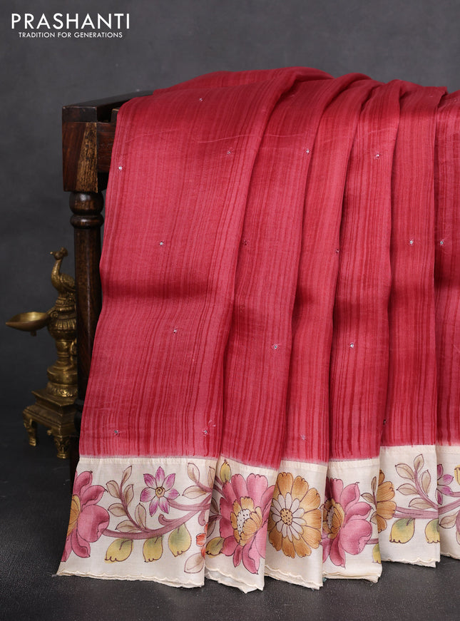 Pure organza silk saree pink shade and cream with allover stripe pattern & mirror embroidery and kalamkari hand painted border