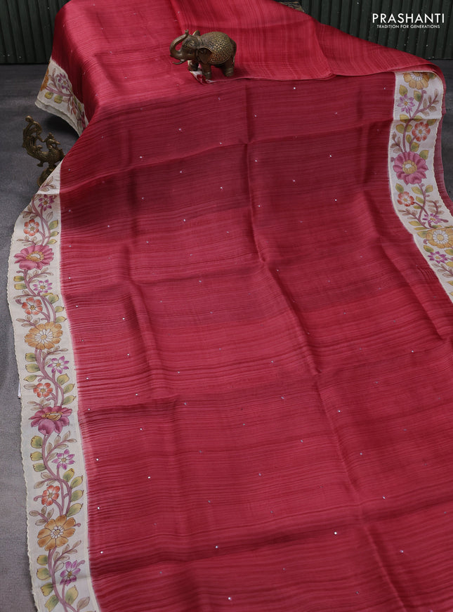 Pure organza silk saree pink shade and cream with allover stripe pattern & mirror embroidery and kalamkari hand painted border