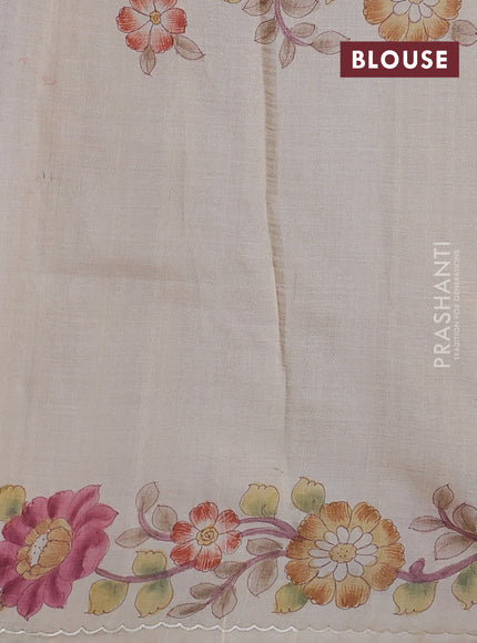 Pure organza silk saree pink shade and cream with allover stripe pattern & mirror embroidery and kalamkari hand painted border