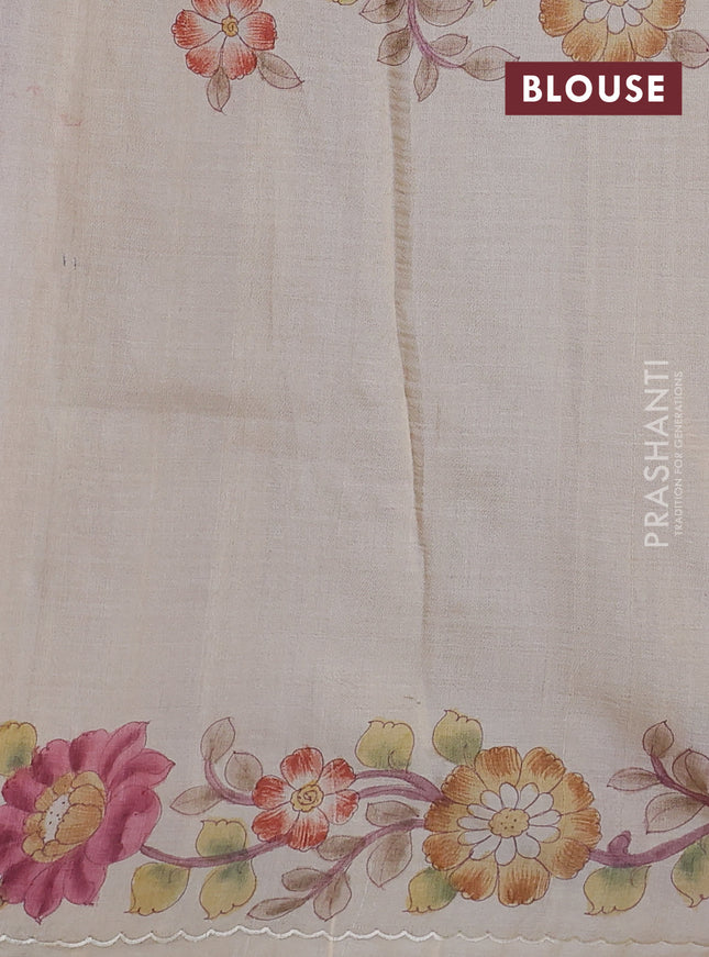 Pure organza silk saree pink shade and cream with allover stripe pattern & mirror embroidery and kalamkari hand painted border