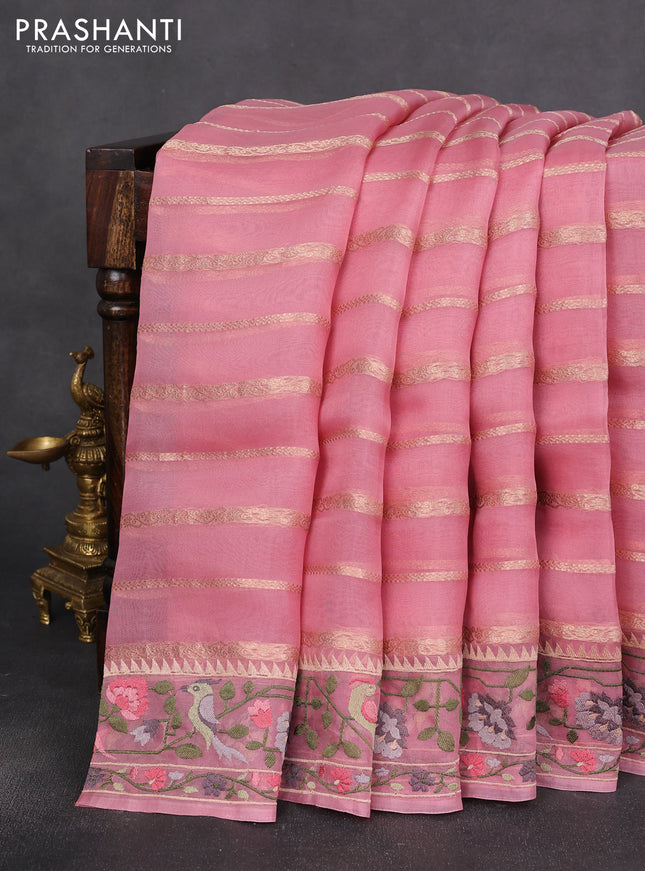 Pure organza silk saree peach pink with allover zari weaves and paithani style embroidery border
