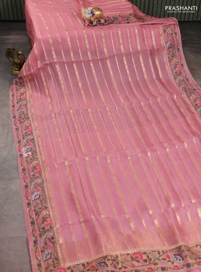 Pure organza silk saree peach pink with allover zari weaves and paithani style embroidery border