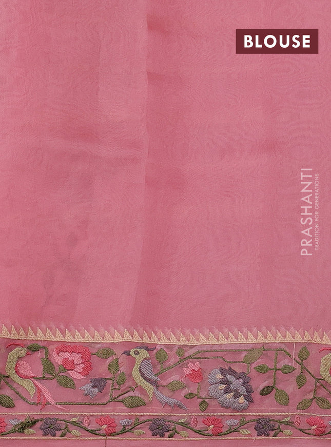 Pure organza silk saree peach pink with allover zari weaves and paithani style embroidery border