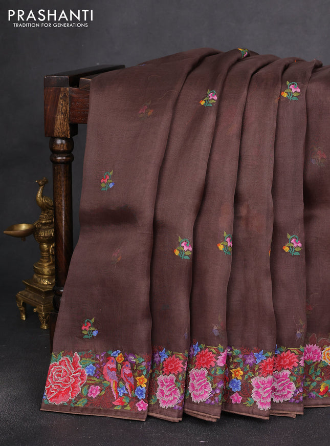 Pure organza silk saree coffee brown with embroidery buttas and convent embroidery border