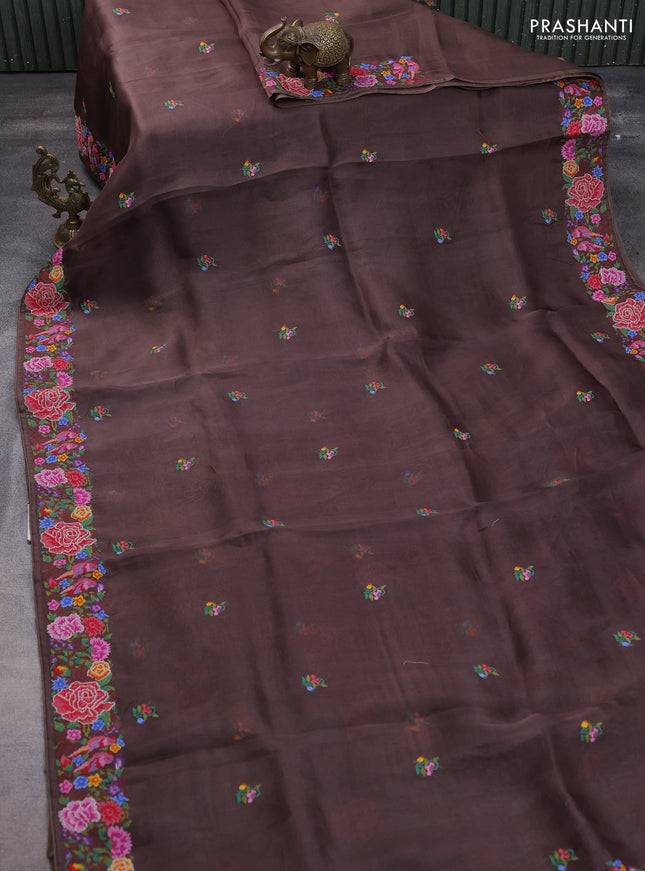Pure organza silk saree coffee brown with embroidery buttas and convent embroidery border