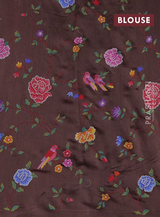 Pure organza silk saree coffee brown with embroidery buttas and convent embroidery border