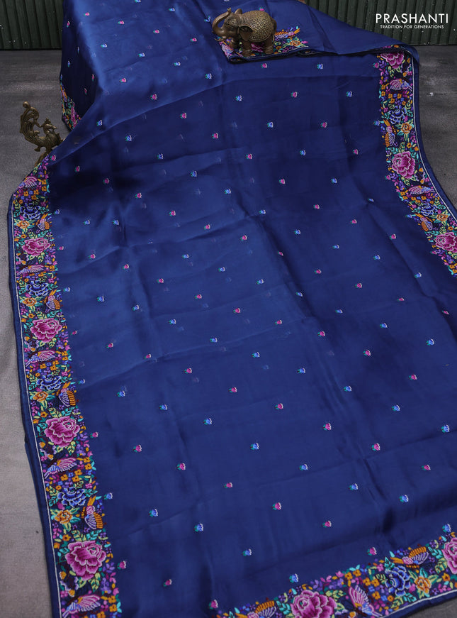 Pure organza silk saree navy blue with floral embroidery buttas and convent embroidery border