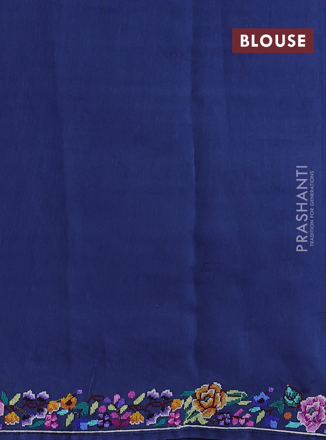 Pure organza silk saree navy blue with floral embroidery buttas and convent embroidery border