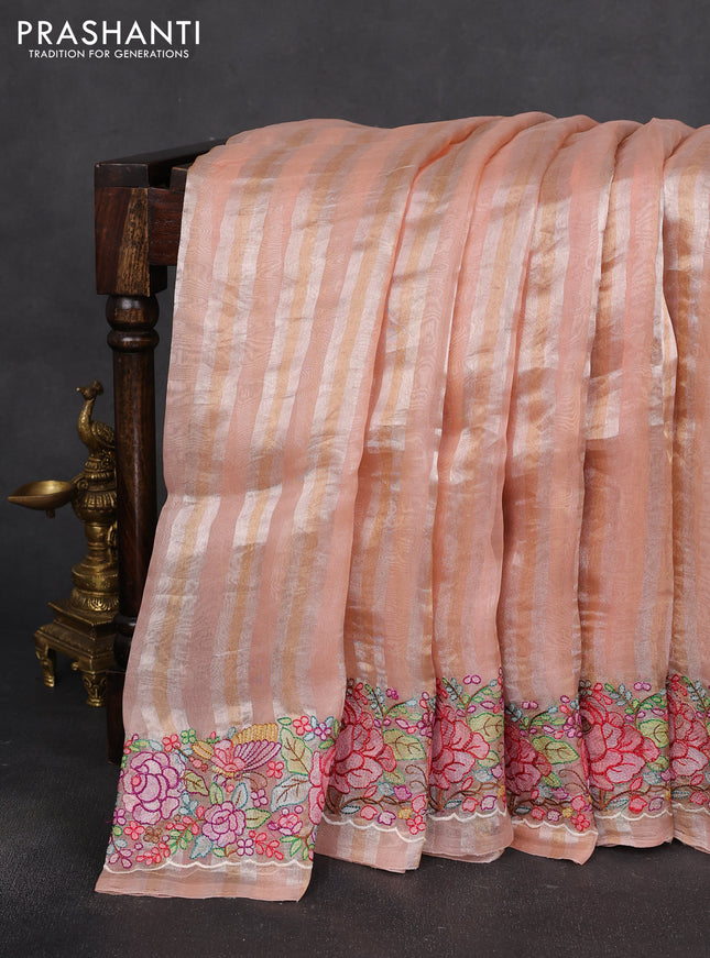 Pure organza silk saree peach pink with allover silver & gold stripes pattern and embroidered border
