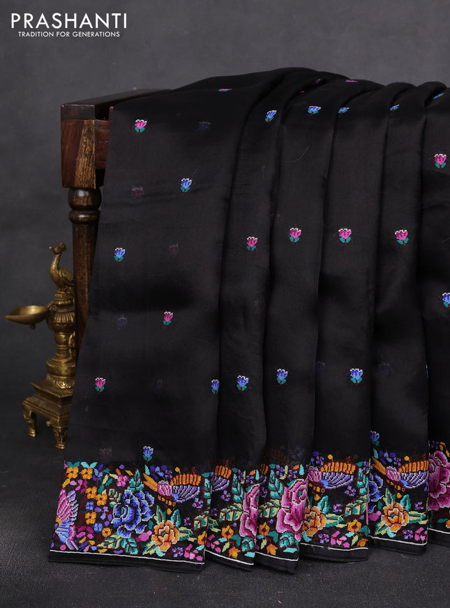 Pure organza silk saree black with embroidery buttas and convent embroidery border