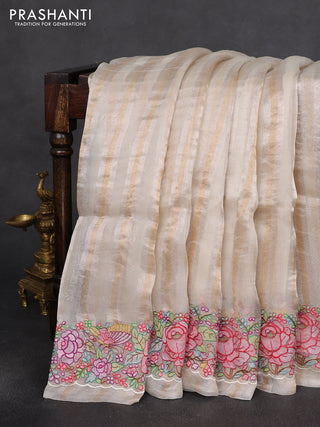 Pure organza silk saree off white with allover zari stripe pattern & zardosi work and embroidered border