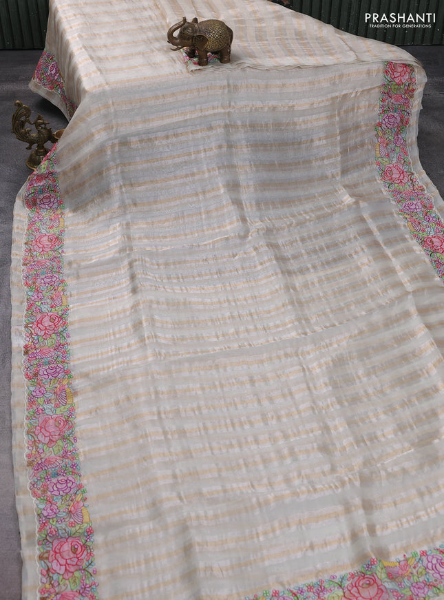 Pure organza silk saree off white with allover zari stripe pattern & zardosi work and embroidered border